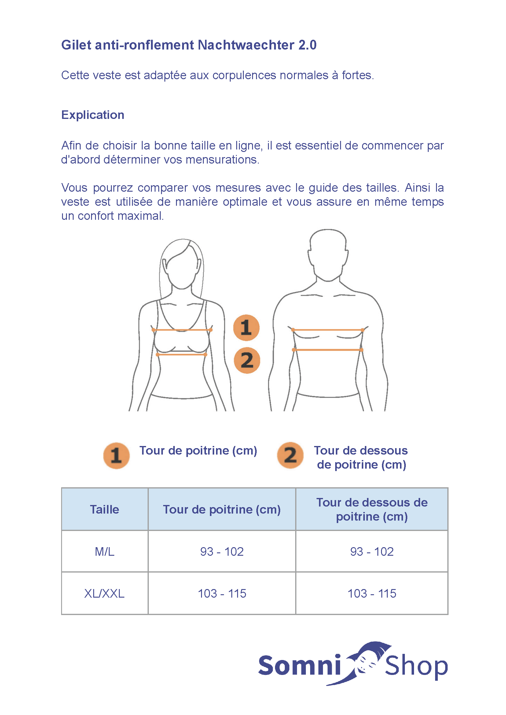 Guide des tailles Gilet anti-ronflement Nachtwaechter