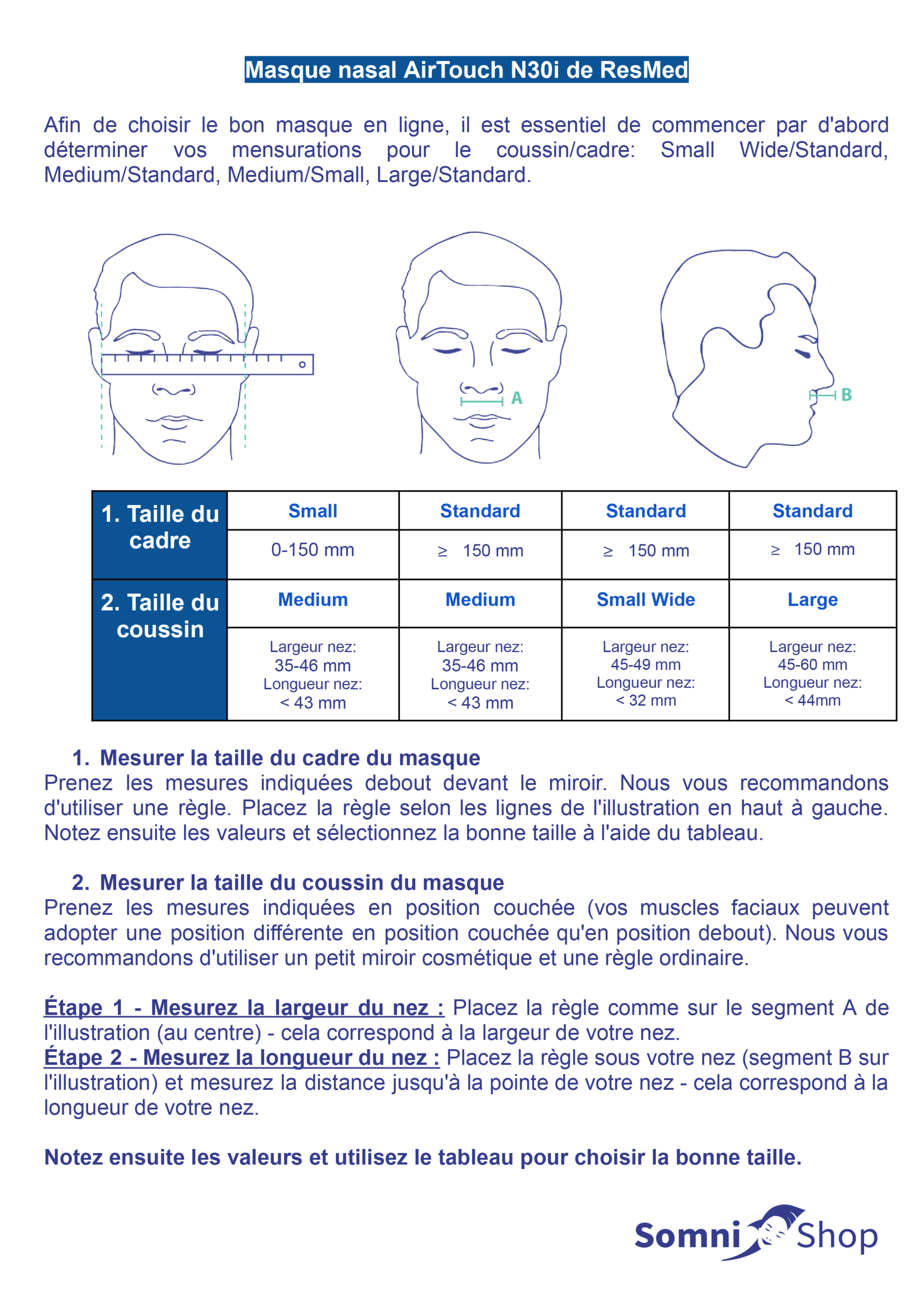Guide de tailles pour ResMed AirTouch N30i