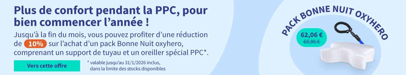 Réduction sur l’achat d’un pack Bonne Nuit oxyhero, comprenant un support de tuyau et un oreiller spécial PPC 04