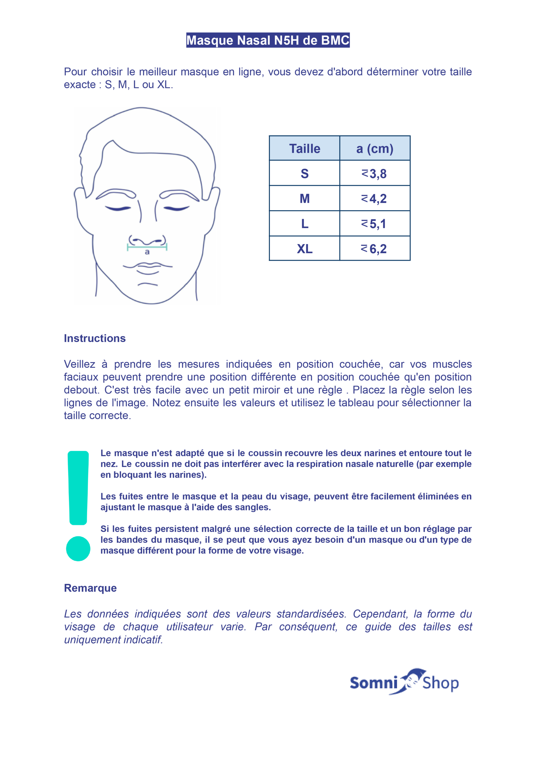 Guide des tailles Masque nasal N5H de BMC